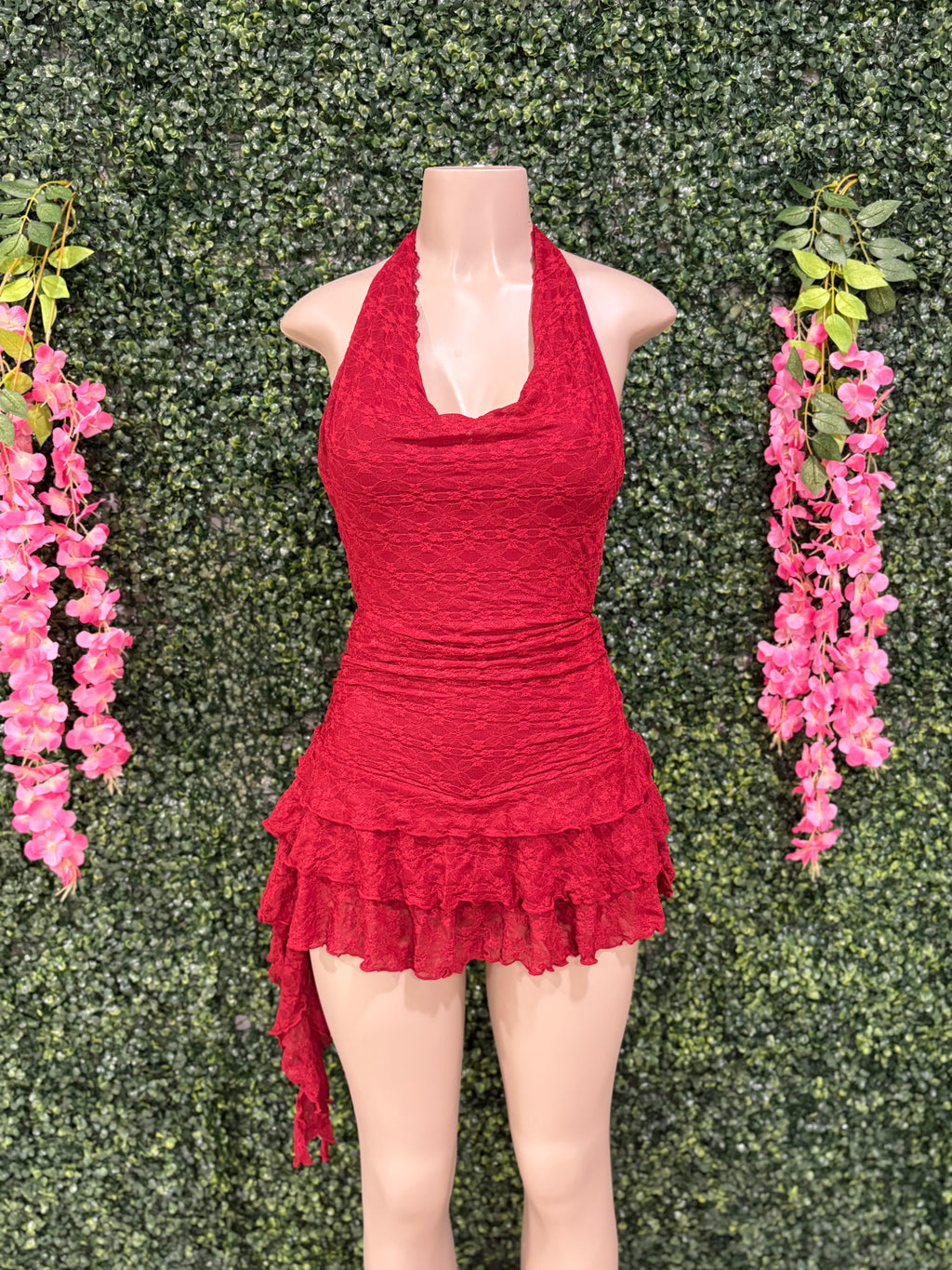Open back draped ruffled mini dress