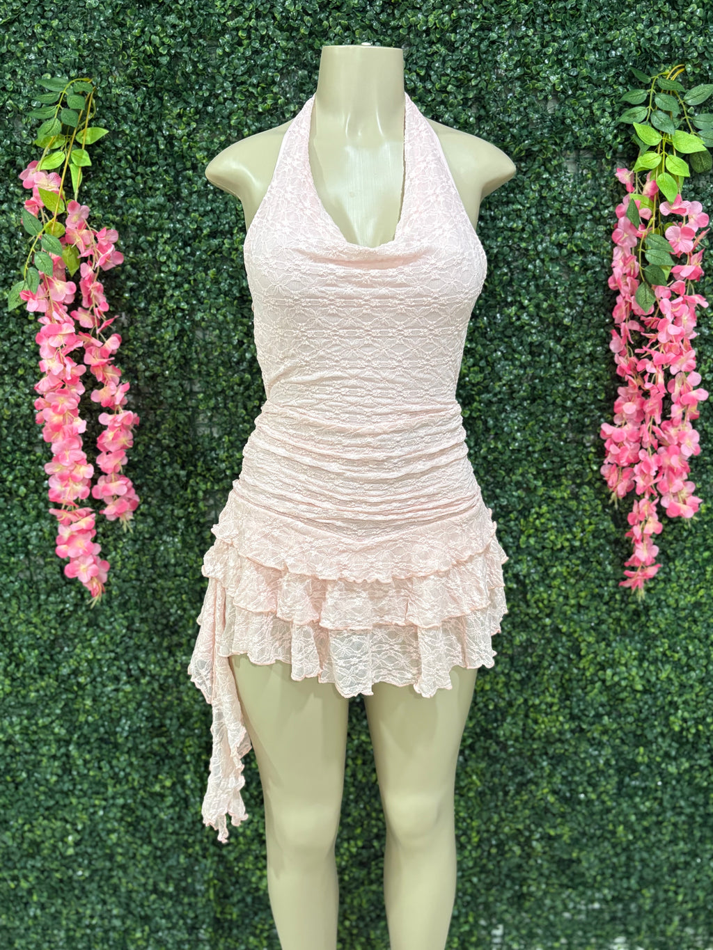 Open back draped ruffled mini dress
