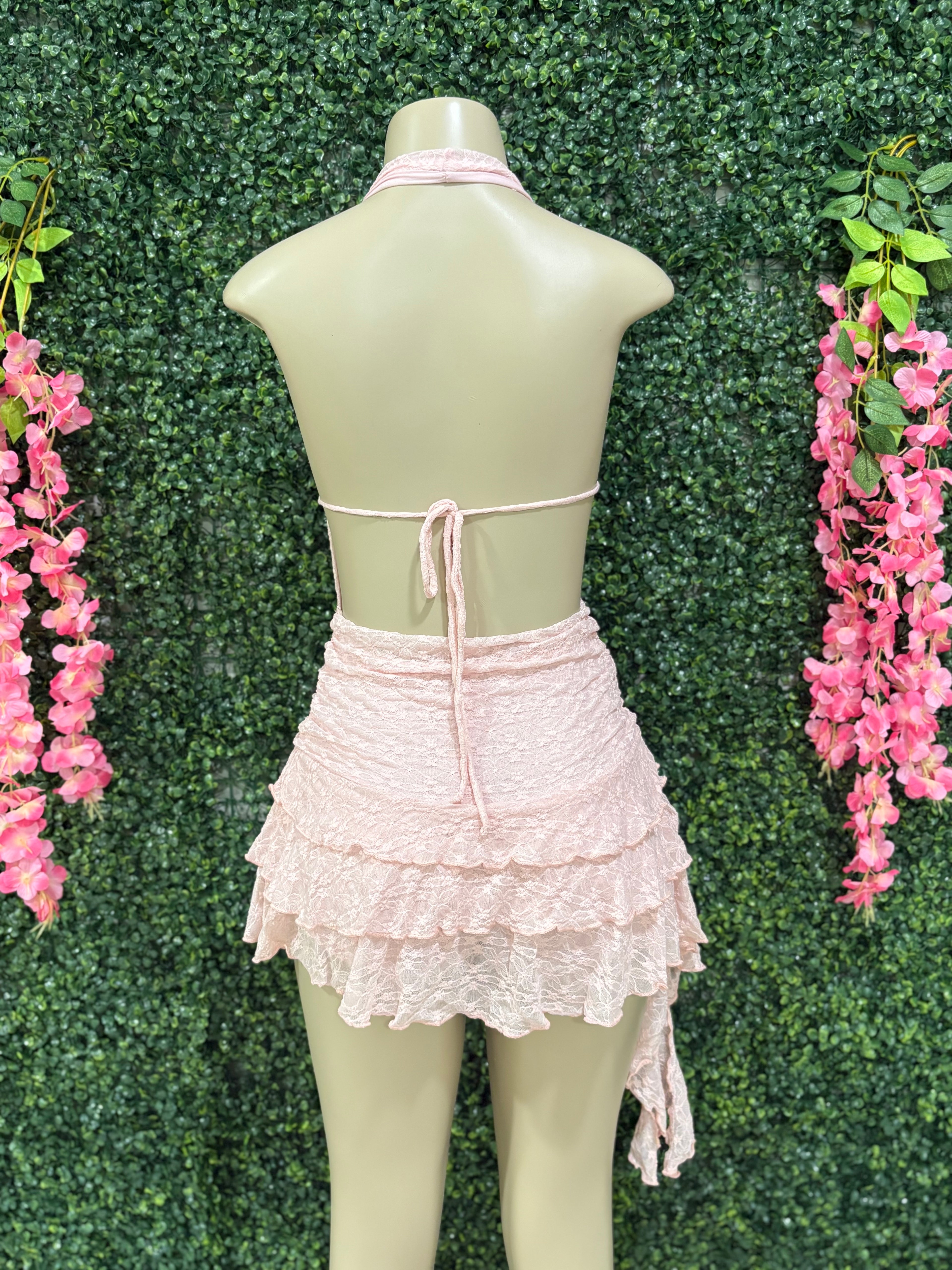 Open back draped ruffled mini dress