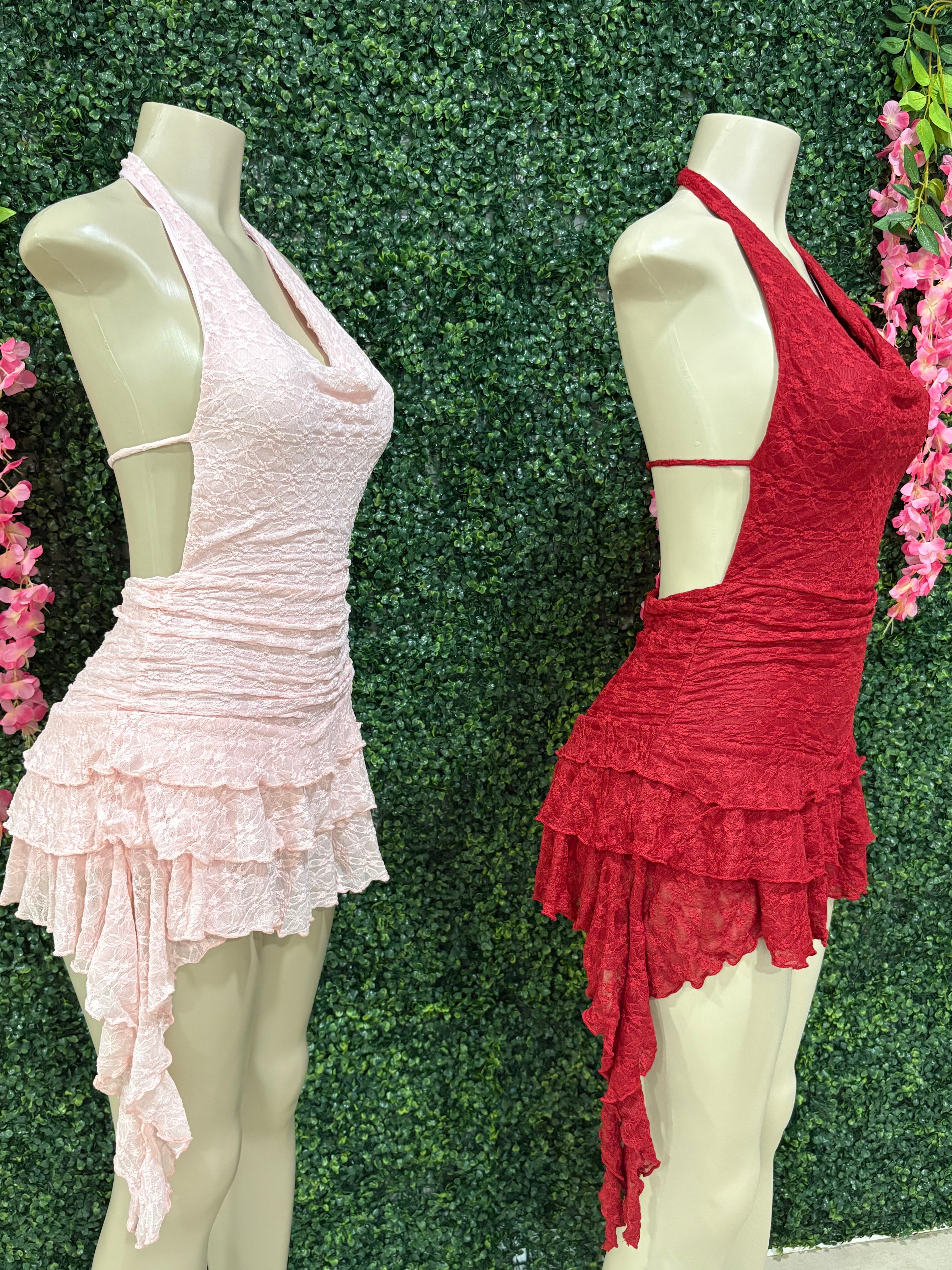 Open back draped ruffled mini dress