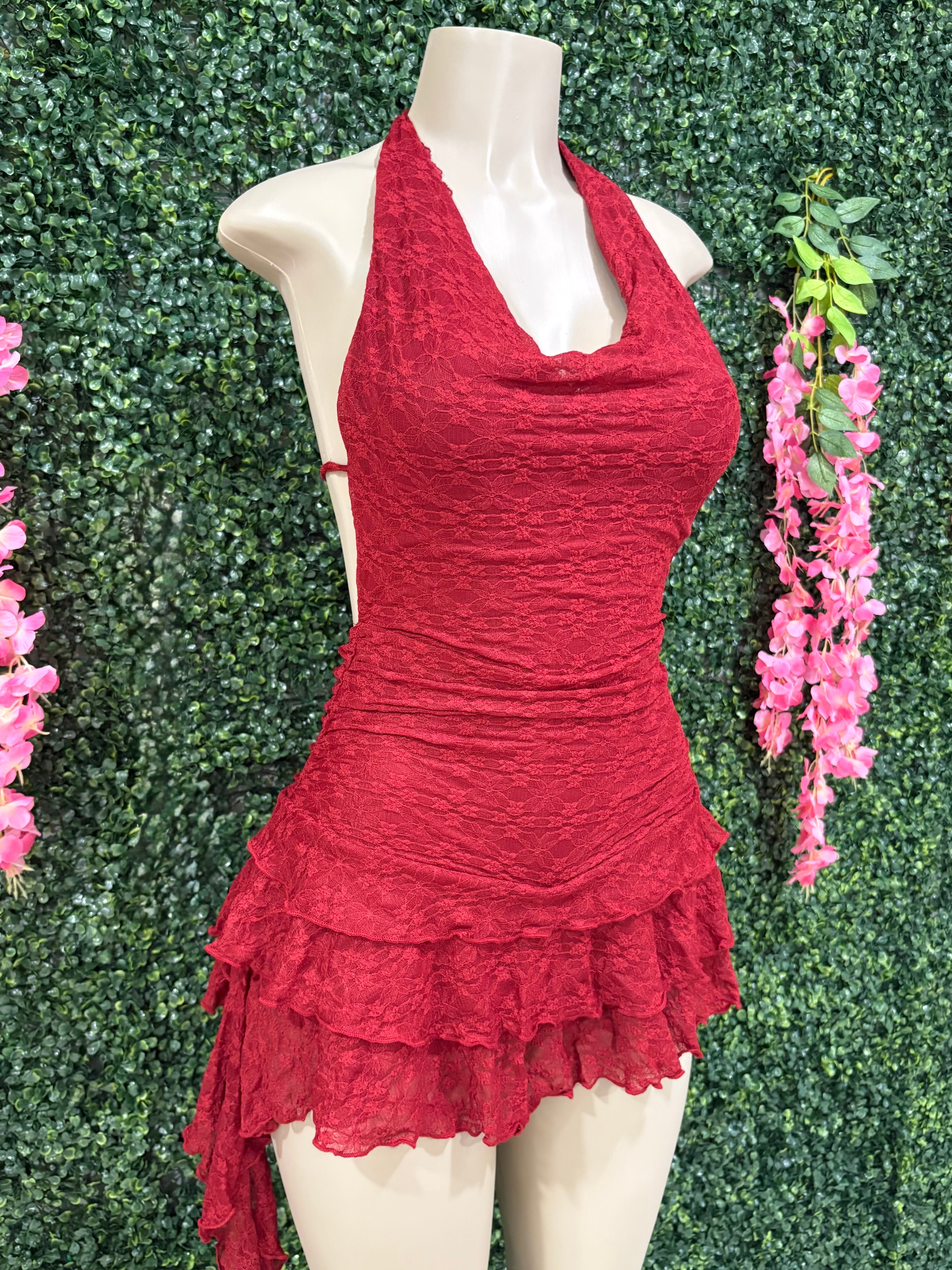 Open back draped ruffled mini dress