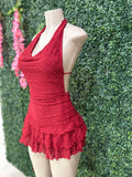 Open back draped ruffled mini dress