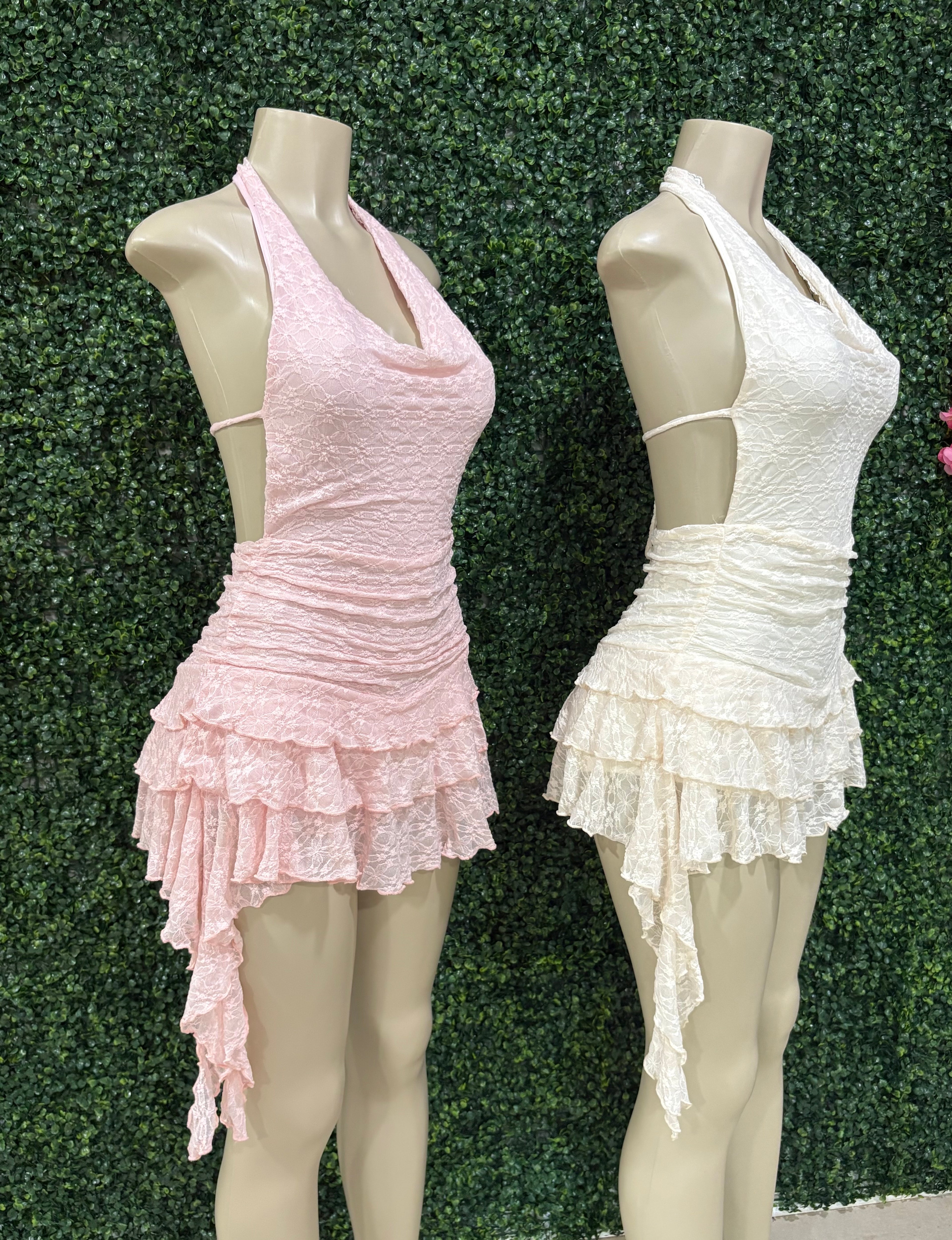 Open back draped ruffled mini dress