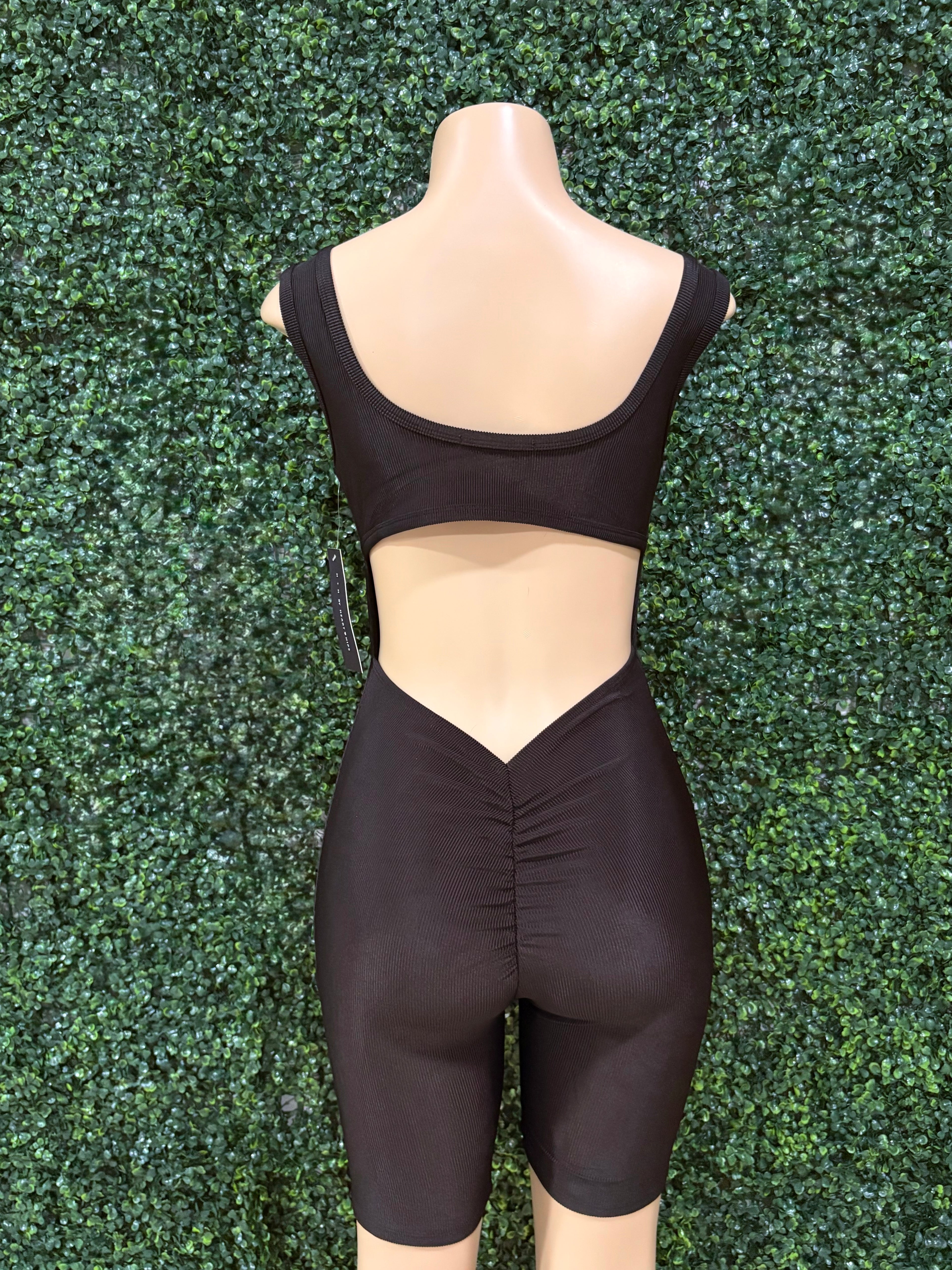 Ruching Hip Open Back Biker Romper