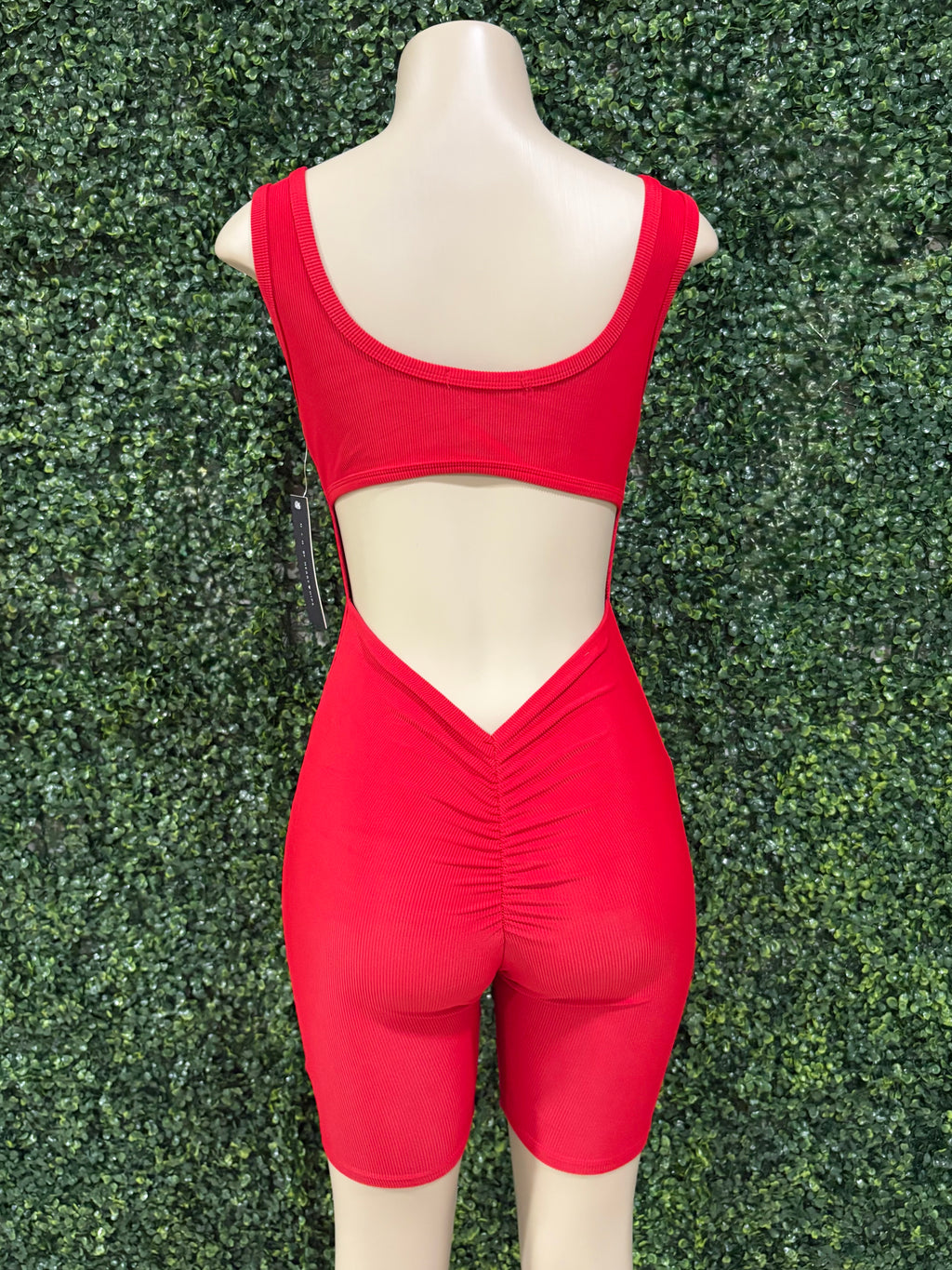 Ruching Hip Open Back Biker Romper