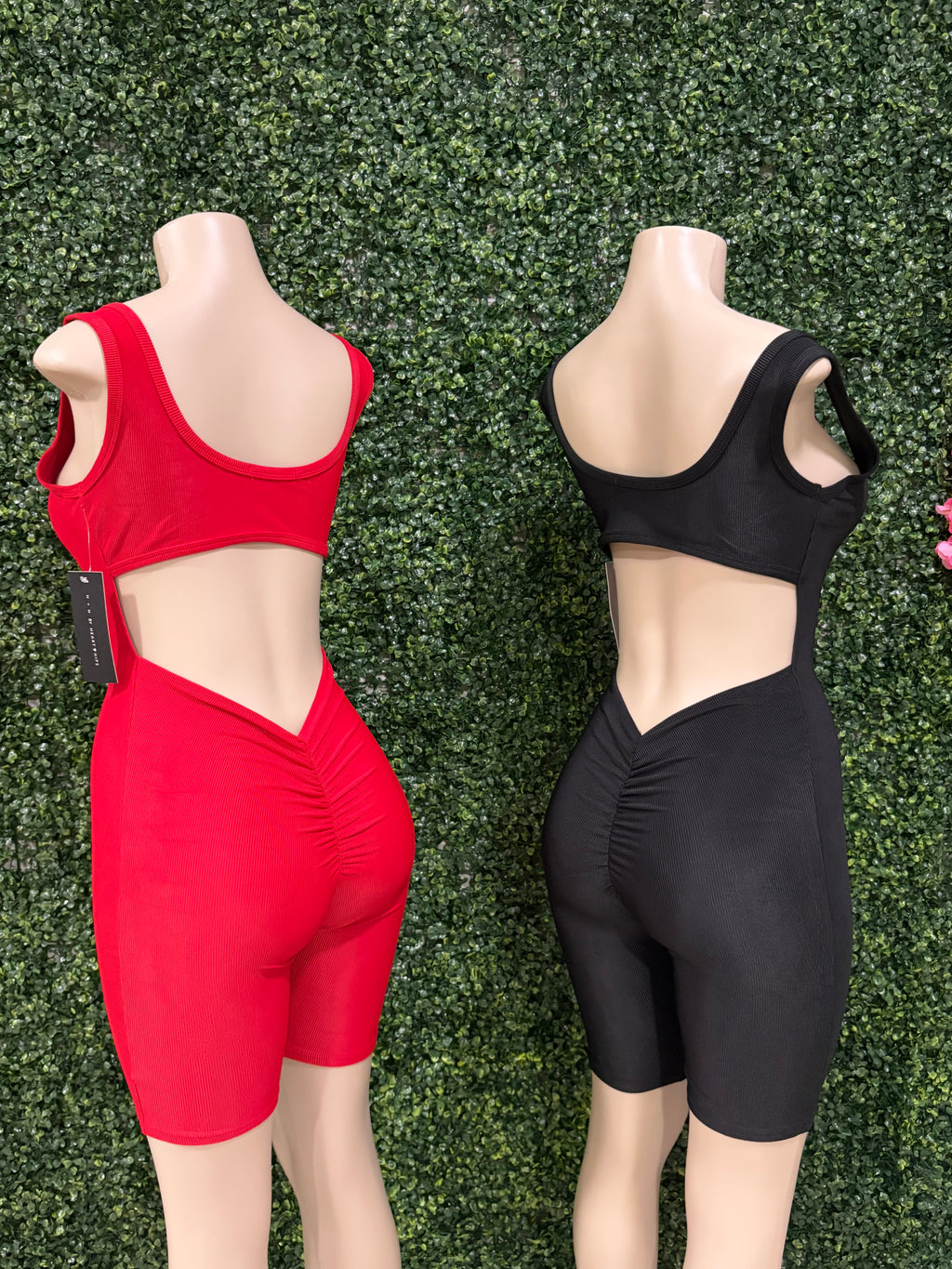 Ruching Hip Open Back Biker Romper