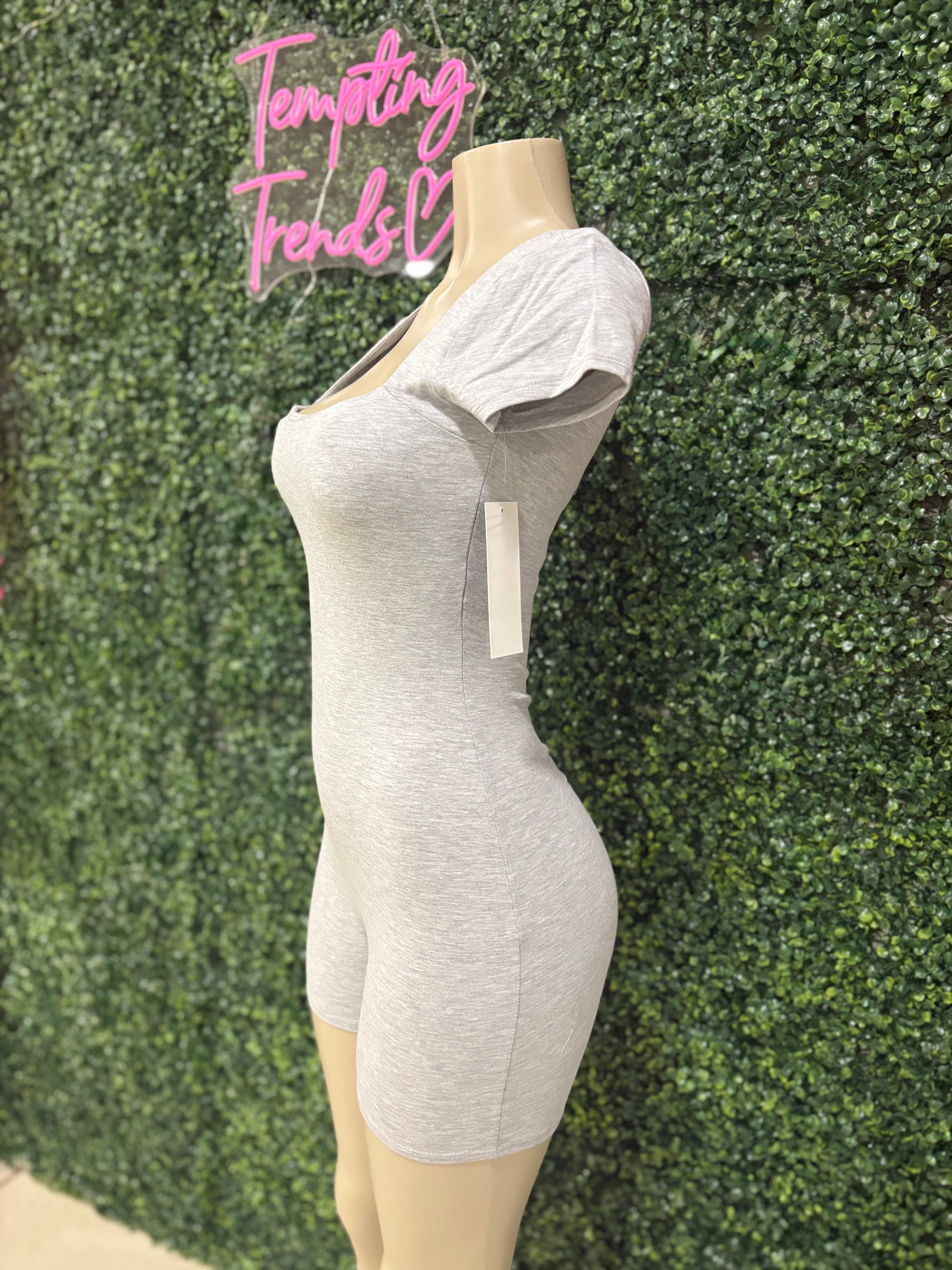 DOUBLE SCOOP SHIRRED BACK BIKER SHORT CATSUIT