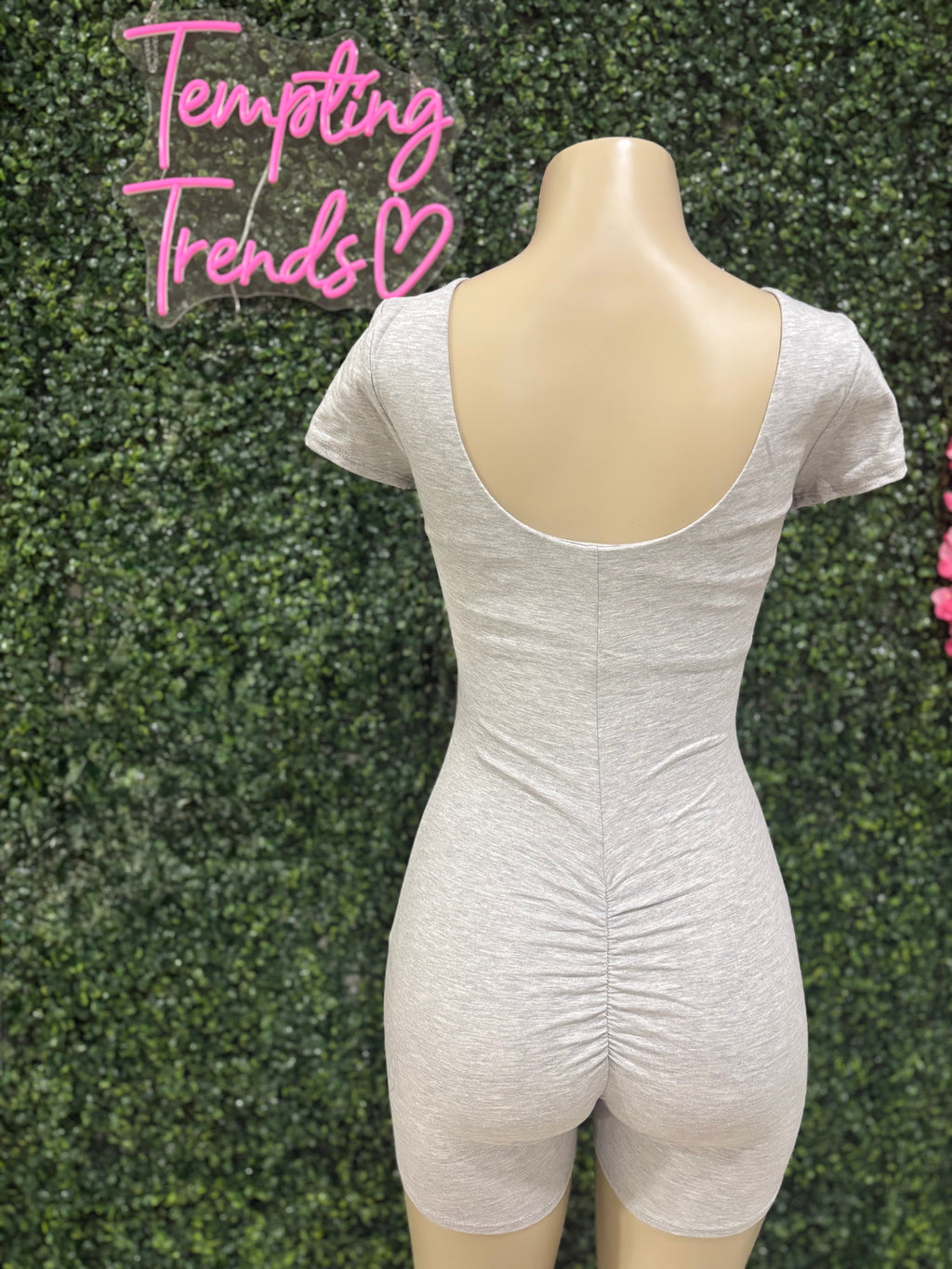 DOUBLE SCOOP SHIRRED BACK BIKER SHORT CATSUIT
