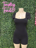 DOUBLE SCOOP SHIRRED BACK BIKER SHORT CATSUIT