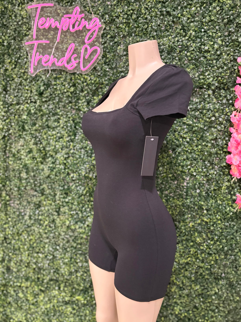 DOUBLE SCOOP SHIRRED BACK BIKER SHORT CATSUIT