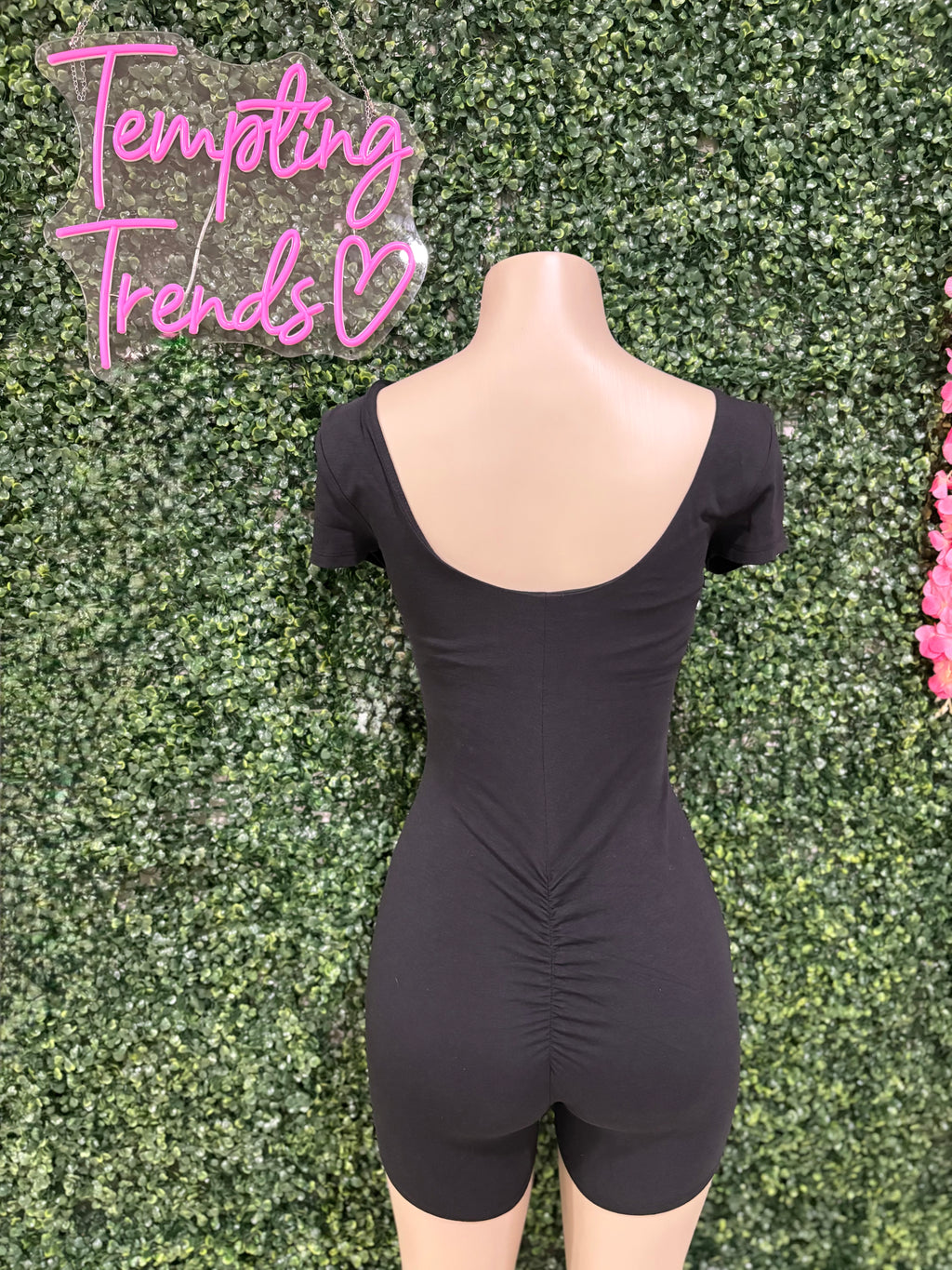 DOUBLE SCOOP SHIRRED BACK BIKER SHORT CATSUIT
