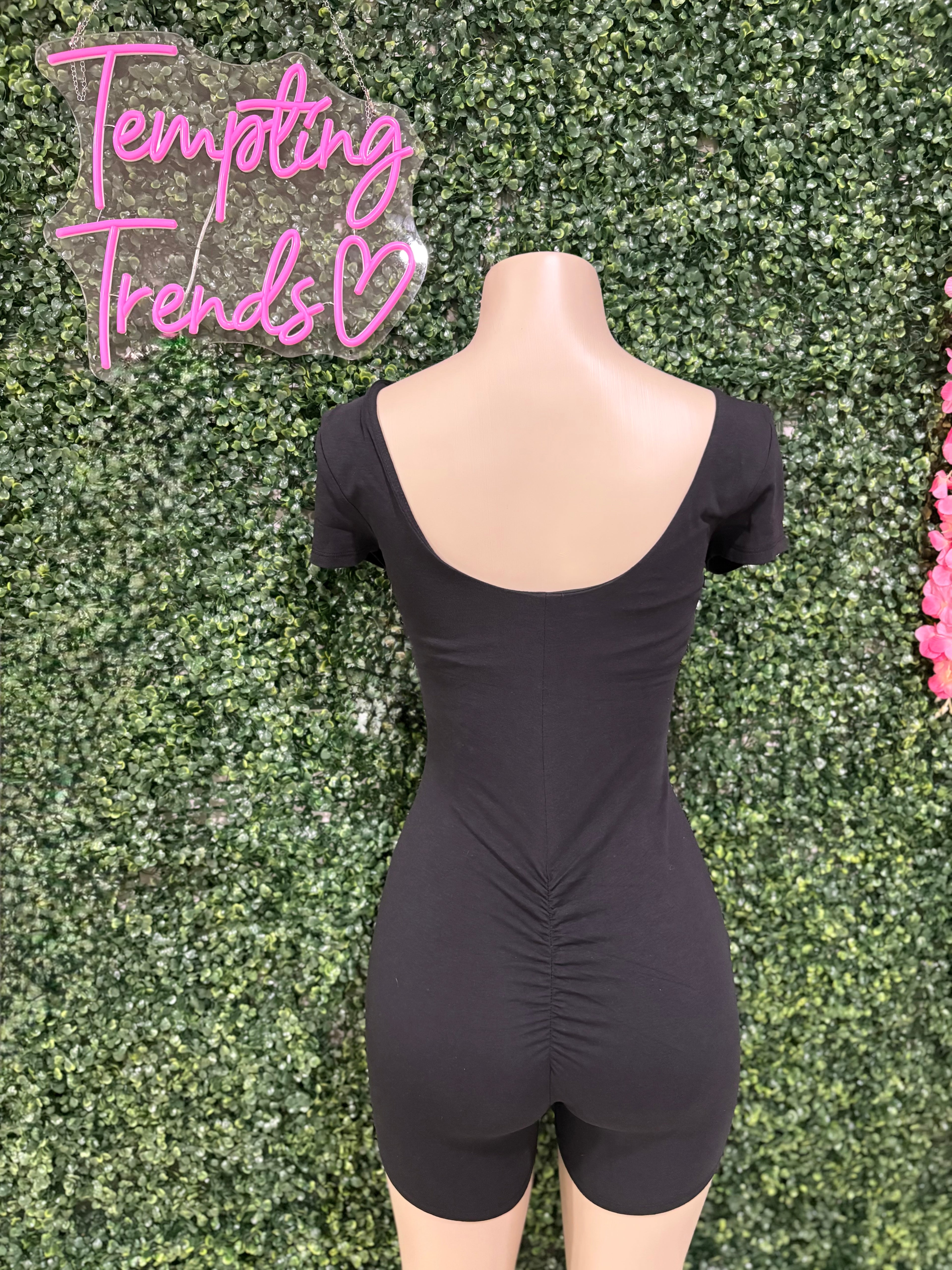 DOUBLE SCOOP SHIRRED BACK BIKER SHORT CATSUIT