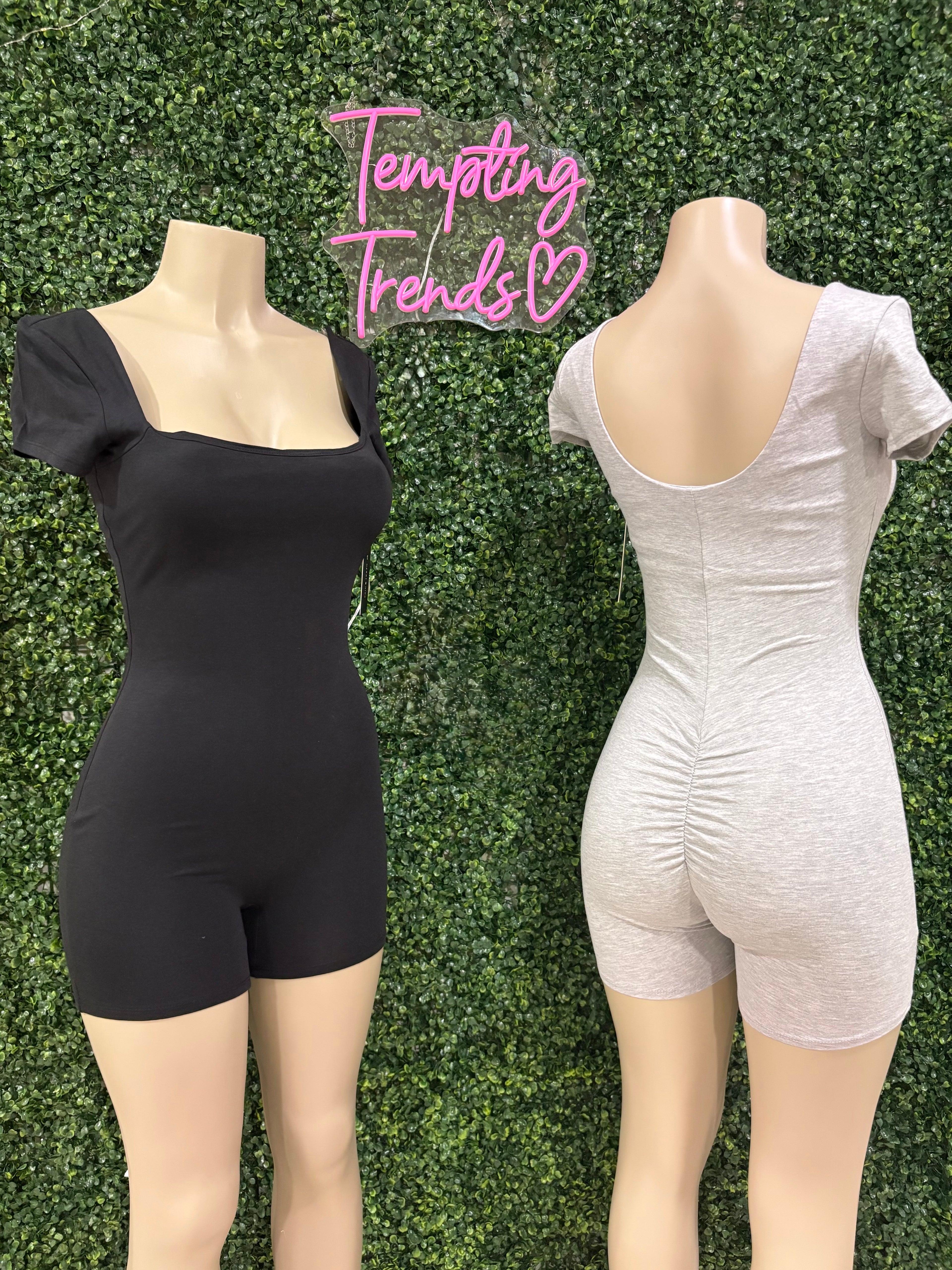 DOUBLE SCOOP SHIRRED BACK BIKER SHORT CATSUIT