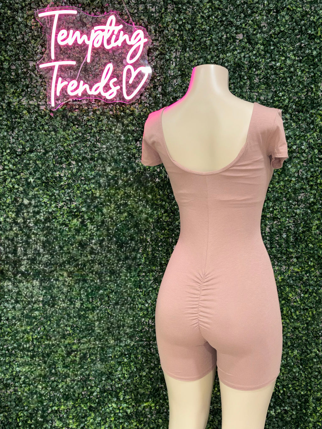 DOUBLE SCOOP SHIRRED BACK BIKER SHORT CATSUIT