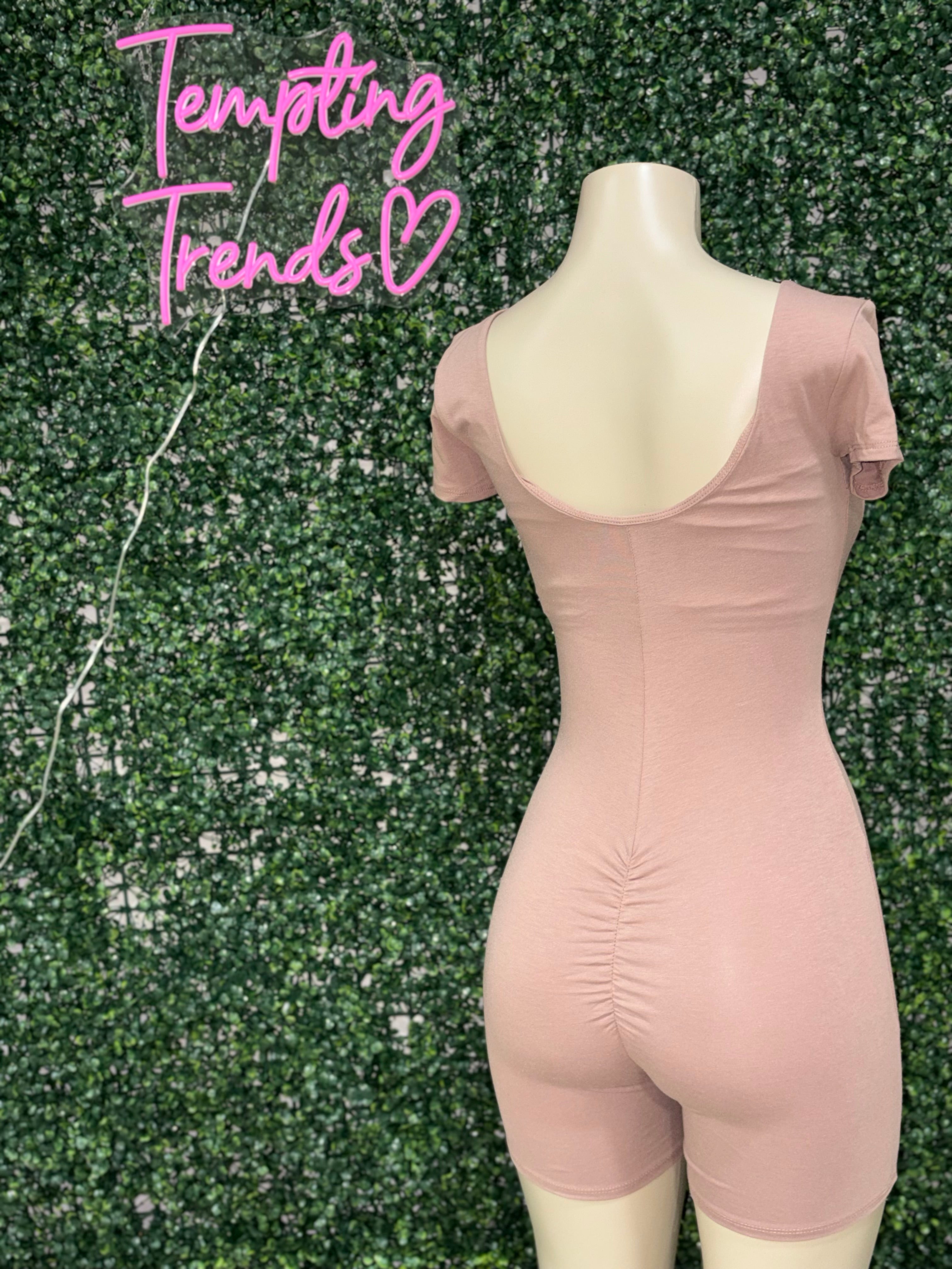 DOUBLE SCOOP SHIRRED BACK BIKER SHORT CATSUIT