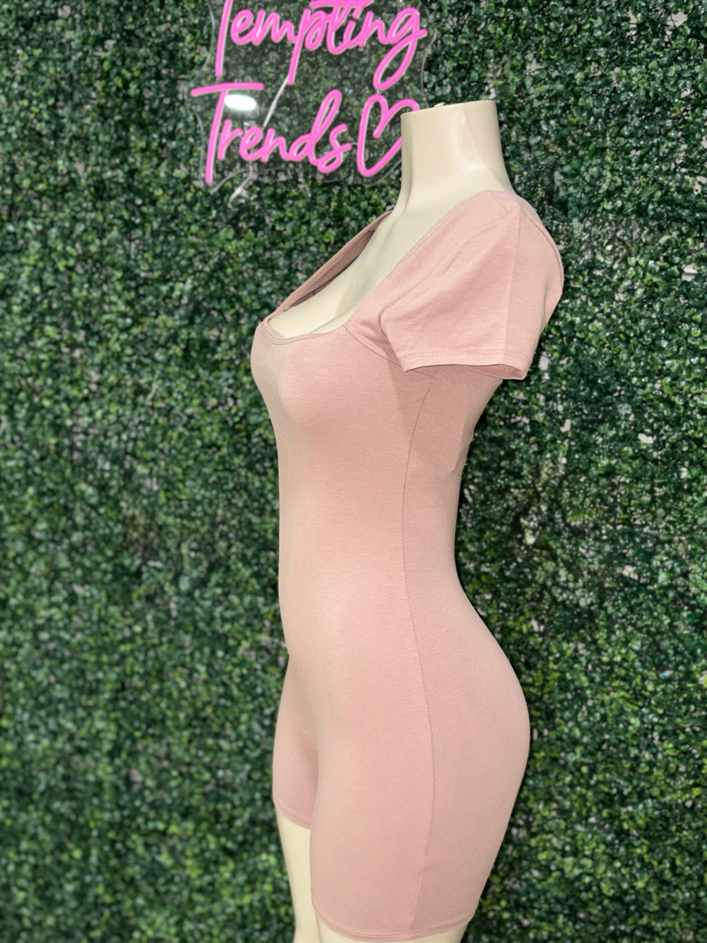 DOUBLE SCOOP SHIRRED BACK BIKER SHORT CATSUIT